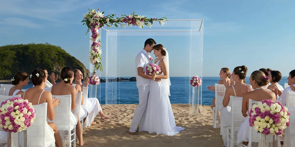 Beachfront wedding ceremony setup on the sands at Secrets Huatulco